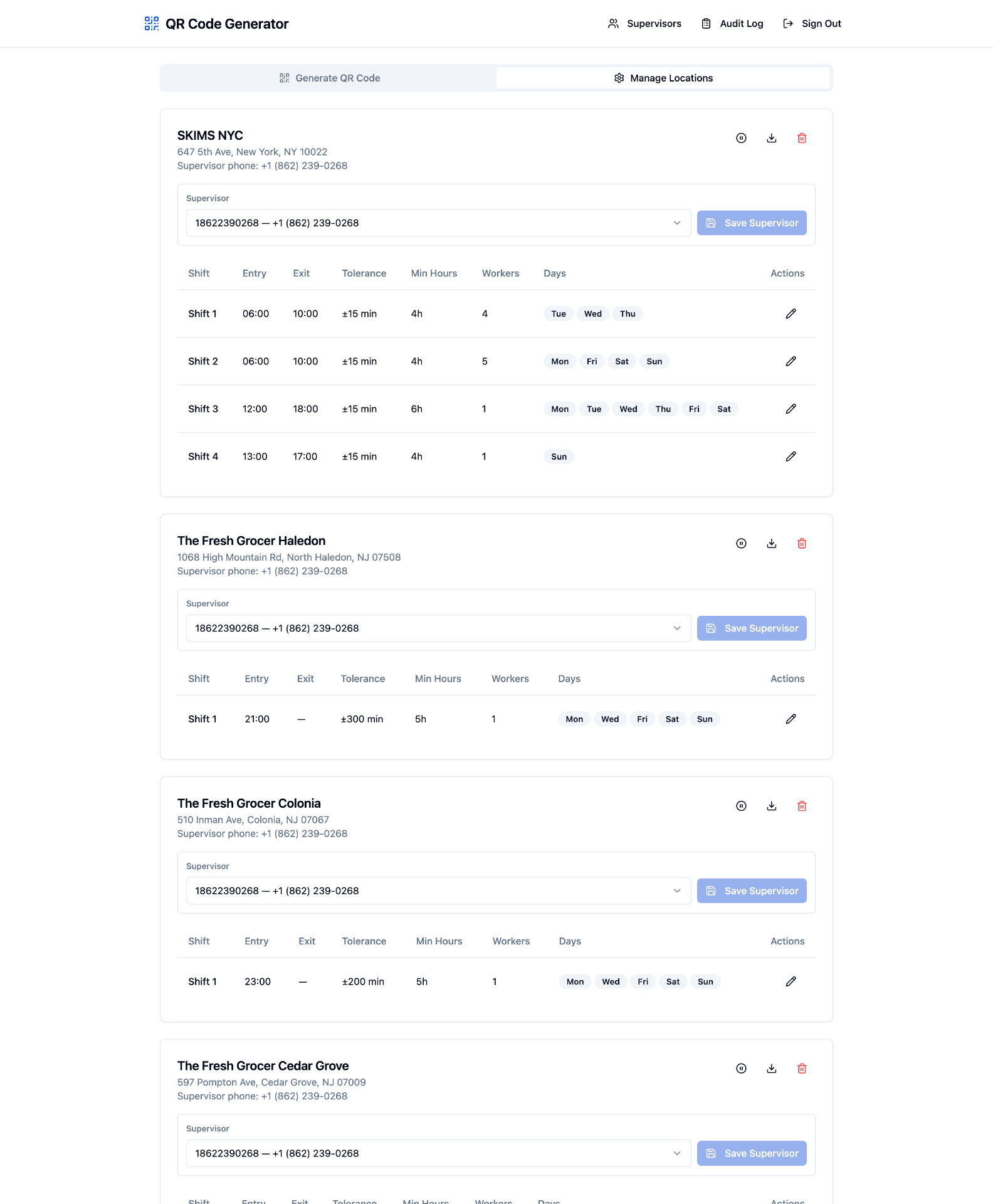 Admin · gestão de localizações e turnos